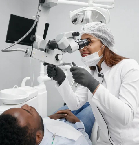 positive-female-dentist-curing-teeth-male-patient
